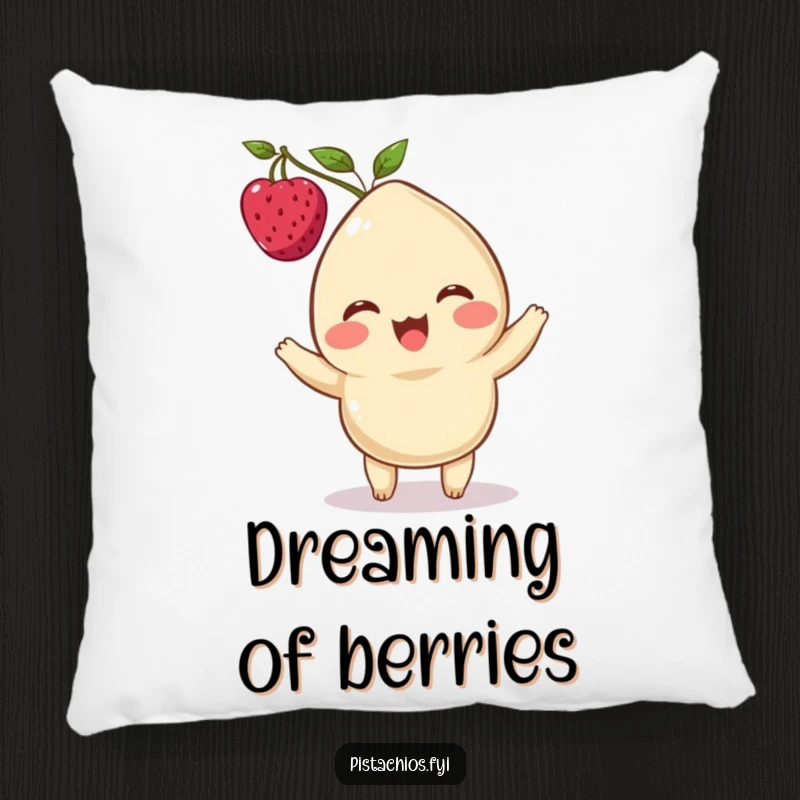 Funny pillow featuring a delighted cashew character balancing a berry on its head, offering comfort and whimsical charm.