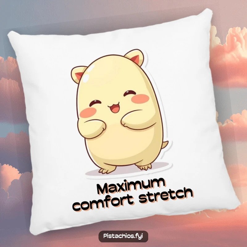 Funny pillow designed with a chubby pistachio character in a silly stretch, offering comfort and lighthearted, humorous appeal.