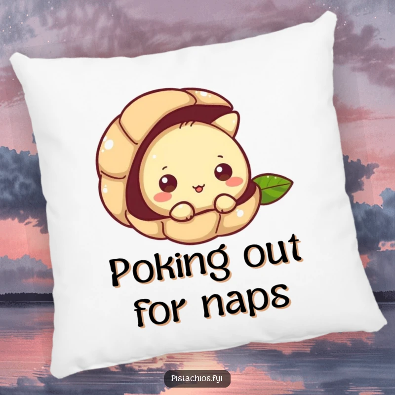 Funny pillow with a pistachio character curiously peeking from its shell, offering comfort and nutty intrigue.