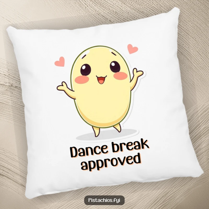 Funny pillow featuring a cheerful pistachio character dancing. This soft and humorous cushion brings comfort and laughter to any room.