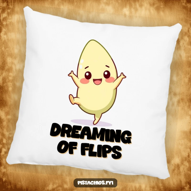Funny pistachio pillow with a cheerful character in a cartwheel pose, offering soft comfort and energetic humor. A fantastic funny gift.