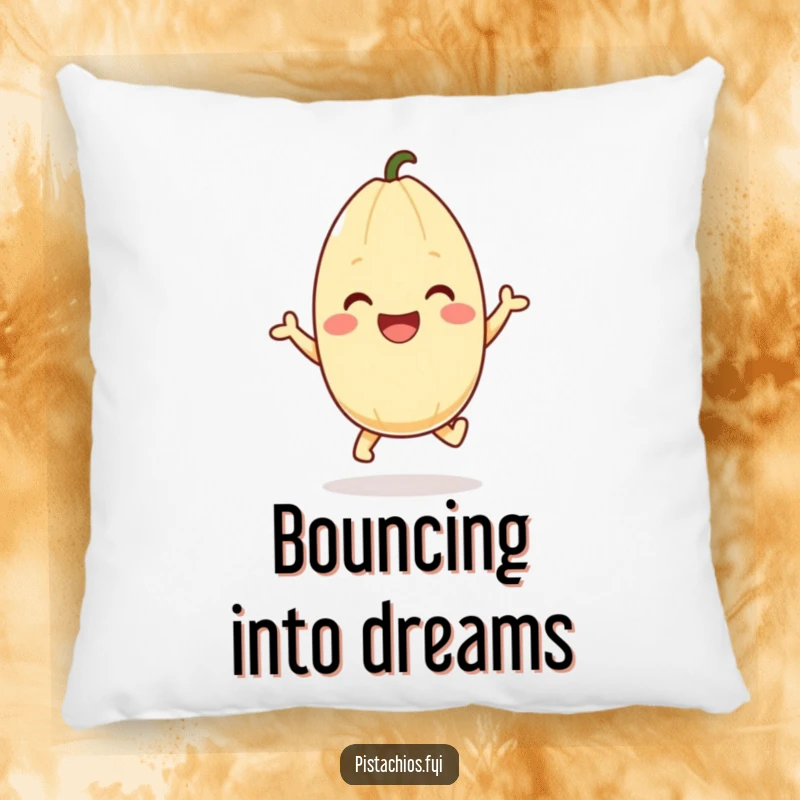 Funny pistachio pillow with a happy character in a joyful hopping stance, offering soft comfort and cheerful humor. A fantastic funny gift.