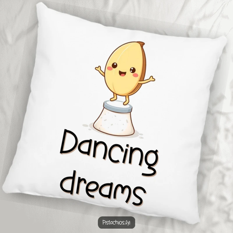 Funny pillow: a happy pistachio nut dancing on a salt pedestal, soft and humorously delightful.
