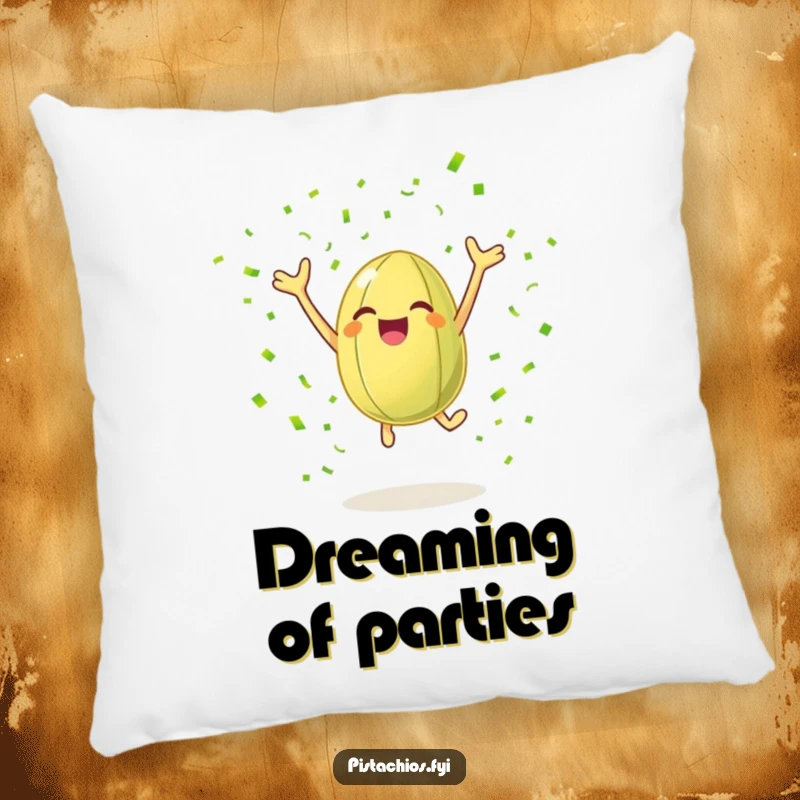 Funny pillow displaying a cheerful pistachio nut leaping joyfully amidst green confetti, offering a humorous and festive touch.