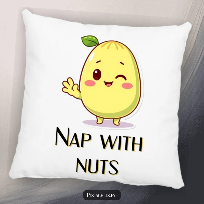 Funny Pillow with a cheerful pistachio character waving hello. A cozy and funny gift for snack lovers to add some fun to their room.