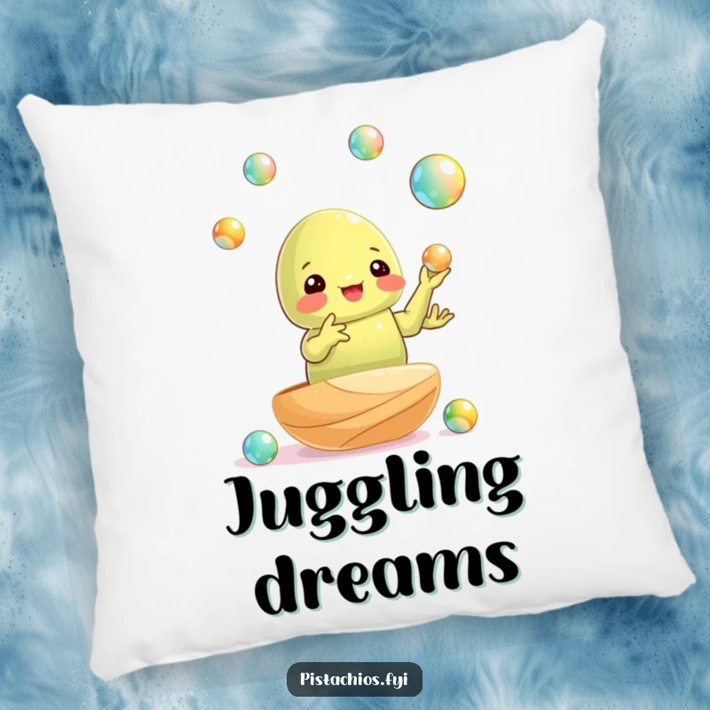 Funny pillow: a pistachio nut juggling shiny marbles with surprising dexterity, soft and impressively humorous.