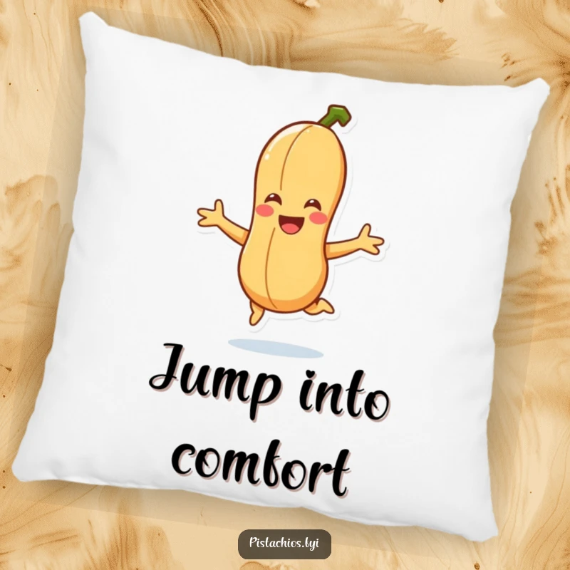 Funny smiling peanut character performing a joyful jump on a pillow, offering humorous comfort and an energetic feel.