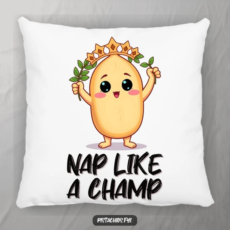 Funny Pillow: A cozy pillow featuring a triumphant nut character holding a laurel wreath, perfect for celebrating wins in comfort.