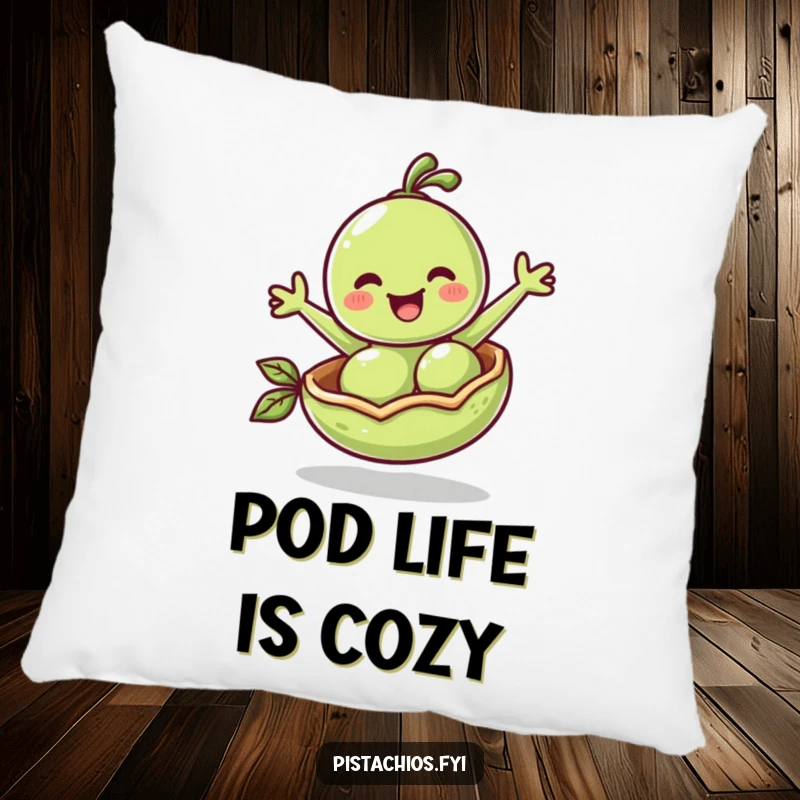 Funny Pillow: A cheerful pea bounces in its pod, a humorous design offering comfort and happy vibes.