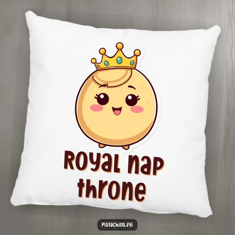 Funny crowned nut pillow, happy nut character wearing a tiny crown and beaming, soft and humorous decor for ultimate comfort.