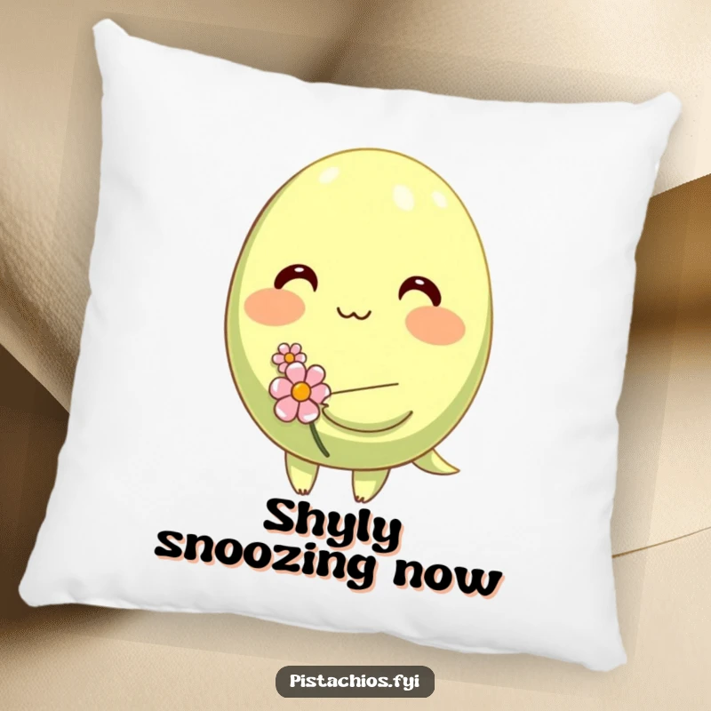 Funny pillow with a shy, blushing pistachio character holding a small flower, offering comfortable, sweet, and humorous decor.