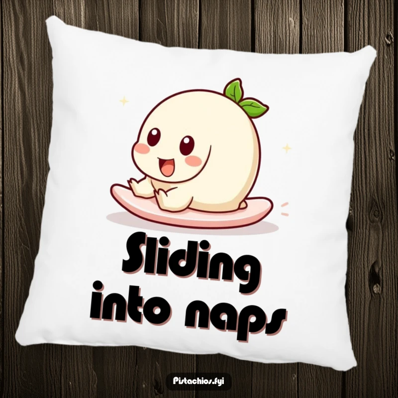 Funny pillow featuring a pistachio character playfully sliding. Soft and humorous, this cushion brings carefree comfort and playful charm.