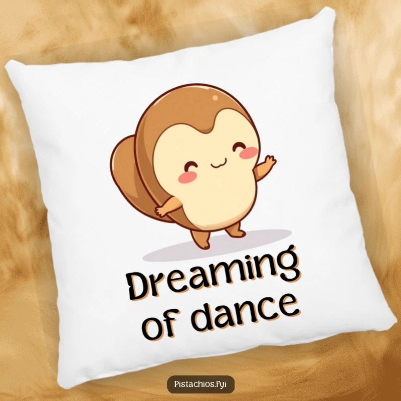Funny hazelnut character dancing on a smooth surface, designed for comfort on a soft decorative pillow.