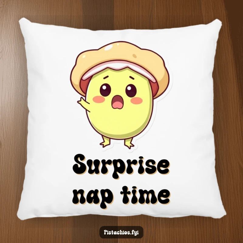 Funny pillow showcases a surprised pistachio character bursting open with pure, unadulterated delight and happiness.