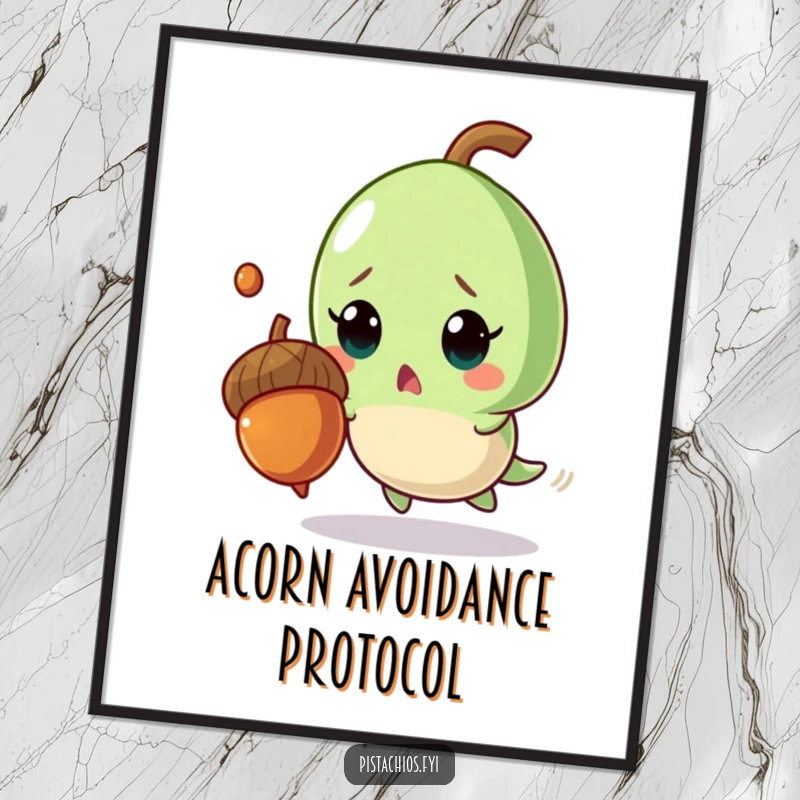 Funny digital art print of a surprised pistachio character in mid-air, comically dodging a falling acorn with exaggerated motion.