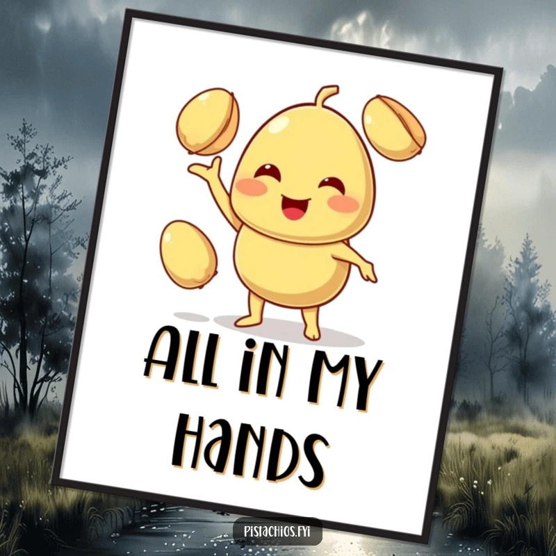 Funny digital art print of a smiling pistachio character expertly juggling two other pistachios with a cheerful, focused demeanor.