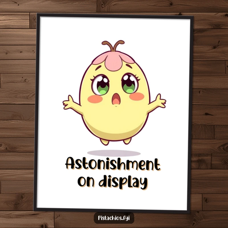 Funny digital art print of a pistachio leaping upwards in surprise, perfect for printable wall decor with a humorous twist.