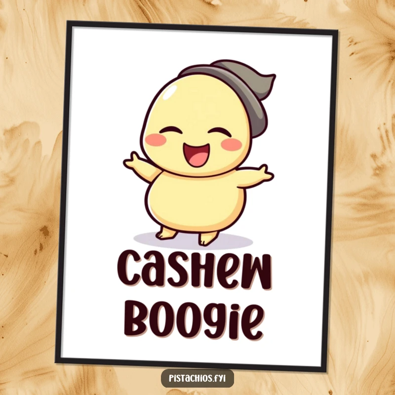 Funny digital art print of a winking cashew character in a jubilant jig, radiating nutty happiness and celebratory energy for instant display.