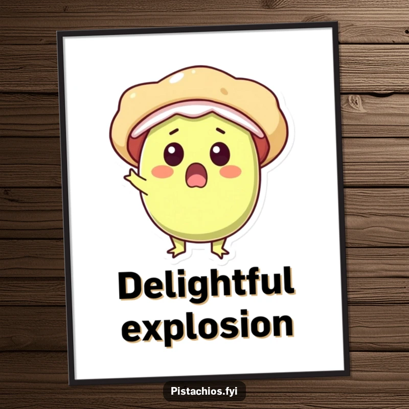 Funny digital art print of a surprised pistachio character bursting open with pure delight and a joyful, ecstatic expression.