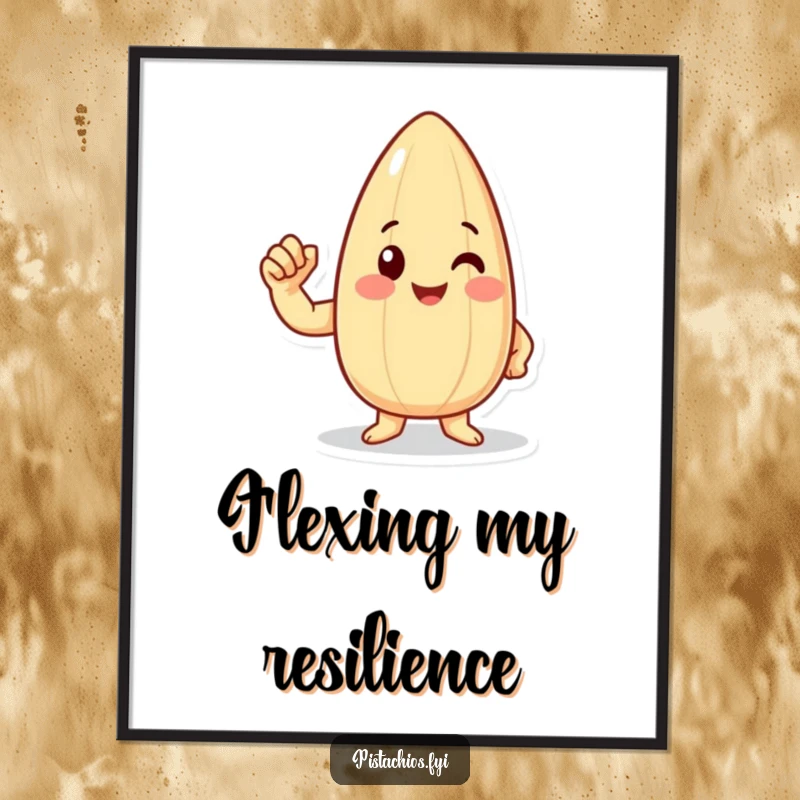 Funny happy almond character flexing a tiny bicep, presented as humorous and motivational digital wall art.