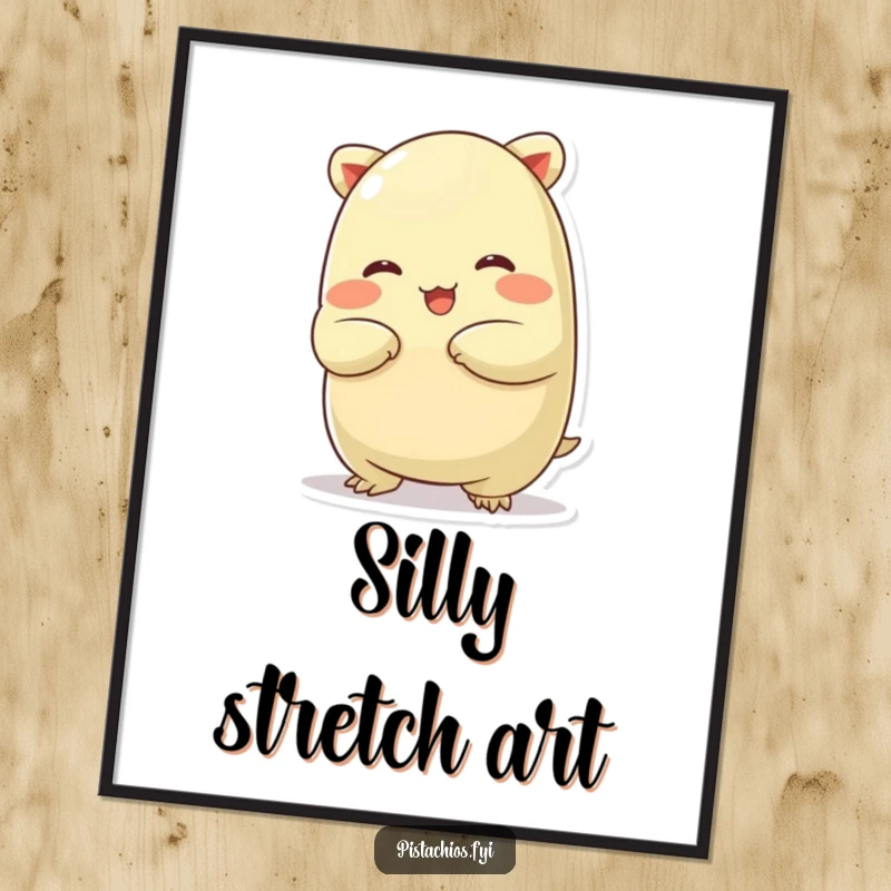 Funny digital art print of a chubby pistachio character in a silly stretch, ideal for instant humorous and playful decor.