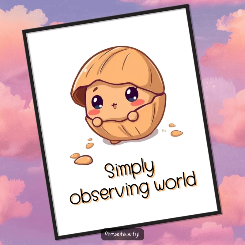 Funny Digital Art Print of a curious pecan character peeking out from its cracked shell, inviting viewers into a world of gentle wonder.