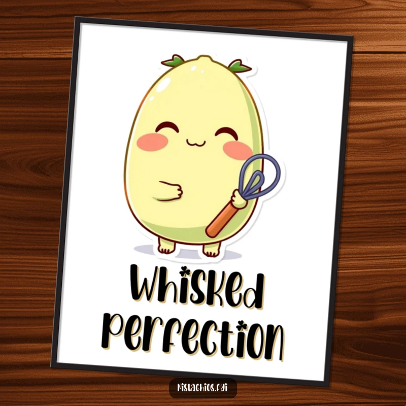 Funny, cheerful pistachio character with rosy cheeks and a small whisk as a digital art print, ready for instant download.