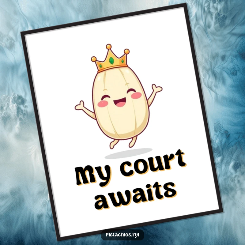 Funny digital art print of a happy pistachio character wearing a crown, captured in a dynamic, joyful hopping pose.