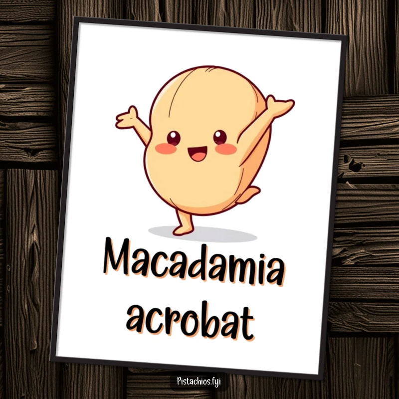 Funny Digital Art Print: A Playful Macadamia Nut Character Hilariously Doing a Cartwheel with Energy.