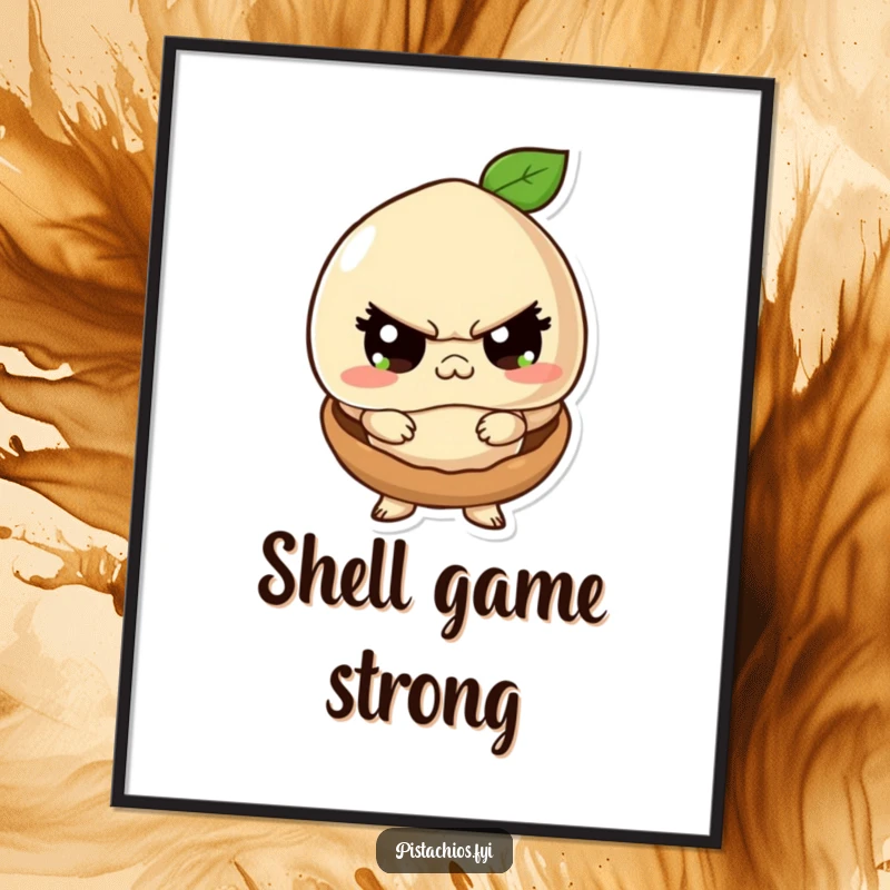 Funny digital art print of a macadamia nut character adopting a tough facade from within its small shell, radiating nutty humor.
