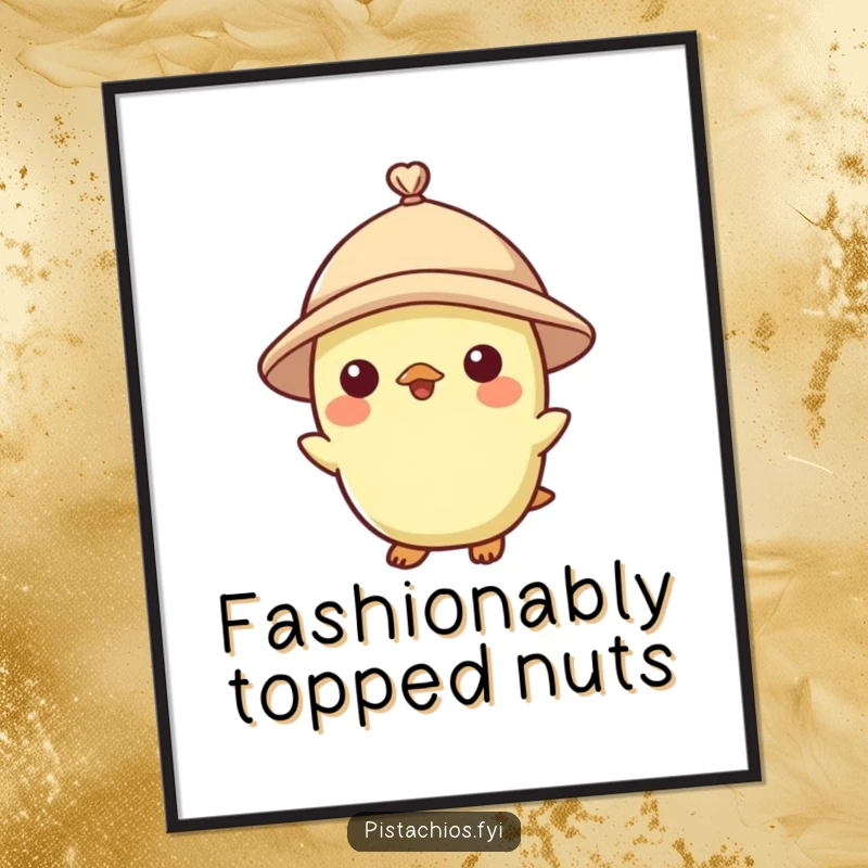 Funny digital art print of a pistachio character smartly wearing a tiny hat, perfect for charming, nutty decor.
