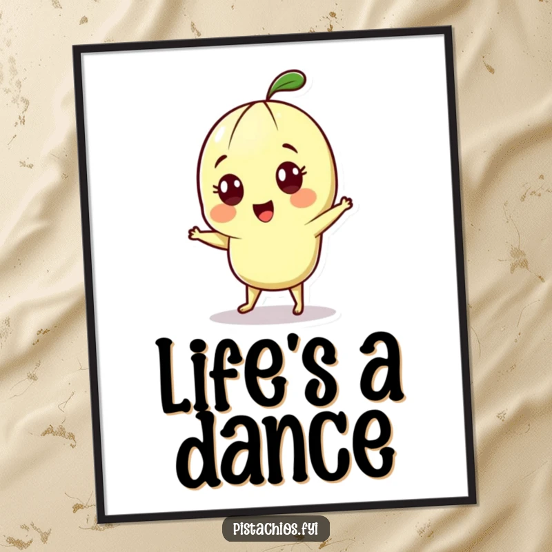 Funny digital art print of a cheerful pistachio character with wide eyes, caught in a fun, energetic dance.