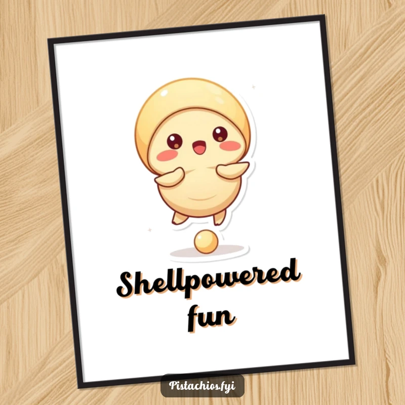Funny digital art print of a pistachio character actively bouncing a small ball with its shell, full of athletic energy.