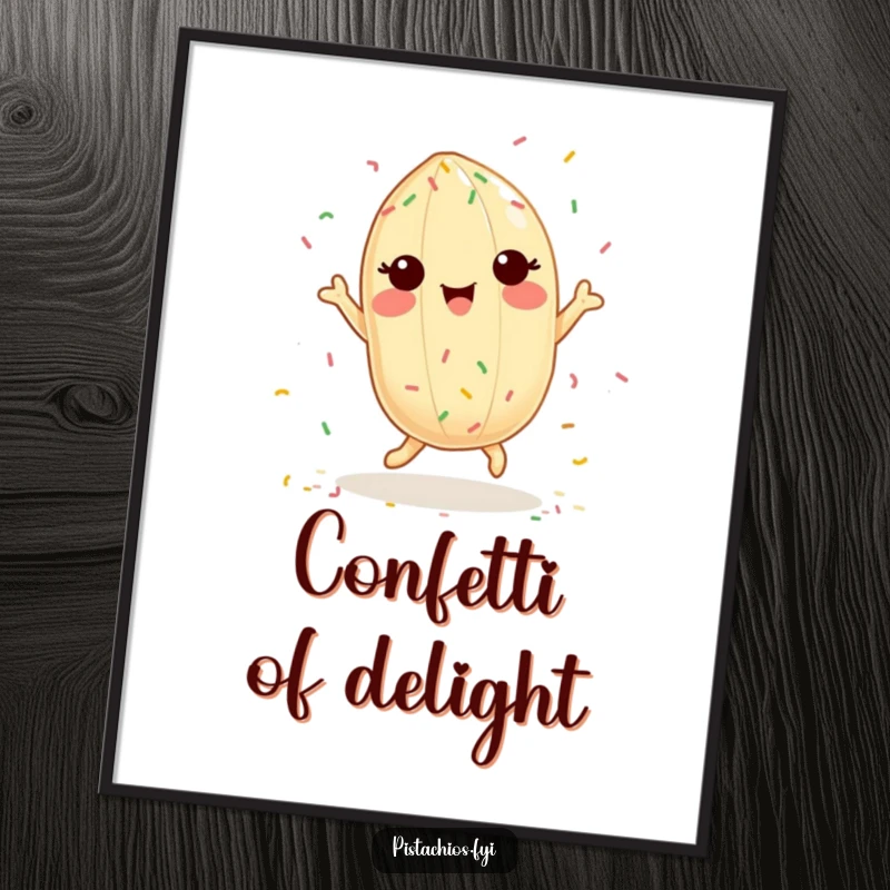 Funny digital art print of a delighted pistachio character joyfully dancing amongst colorful sprinkles, full of vibrant energy.