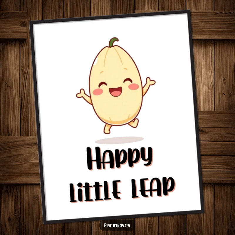 Funny pistachio digital art print of a happy character mid-hop, offering instant download and cheerful wall decor. A super funny gift.