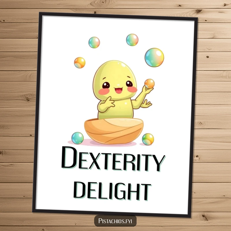 Funny digital art: a pistachio nut juggling shiny marbles with surprising dexterity, perfect for humorous wall decor.