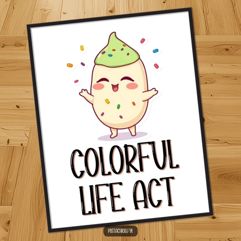 Funny pistachio digital art print of a winking character juggling sprinkles, offering instant download and playful wall decor. A super funny gift.