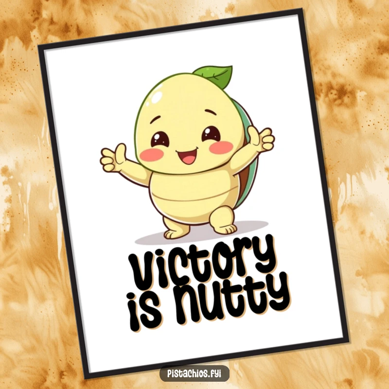 Funny Digital Art Print: A smiling pistachio strikes a triumphant pose with its shell open, offering humorous motivation.