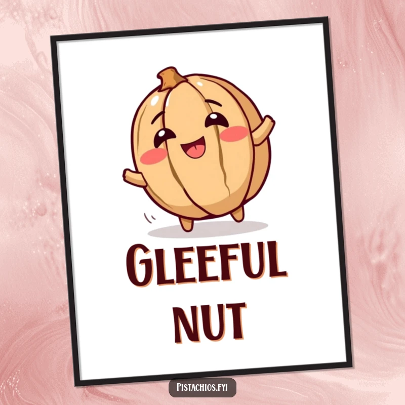 Funny digital art print of a giggling walnut character rolling with pure glee, radiating nutty humor and joy for wall decor.
