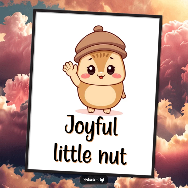 Funny Digital Art Print of a cheerful hazelnut character wearing a tiny hat and waving, exuding pure joy and friendly greetings.