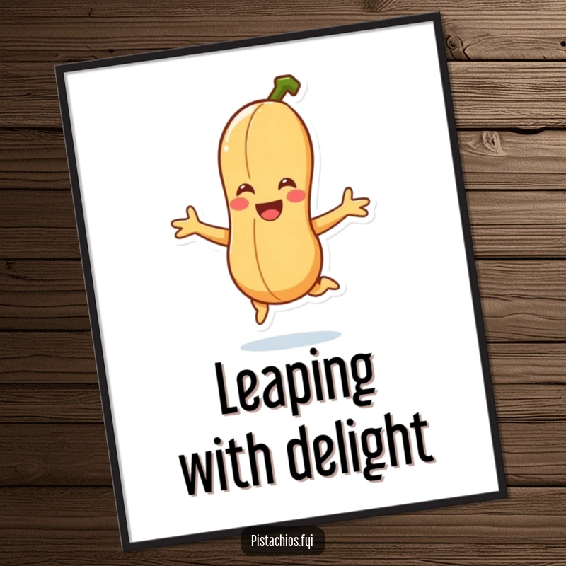 Funny smiling peanut character doing a joyful jump, presented as humorous and energetic digital wall art.