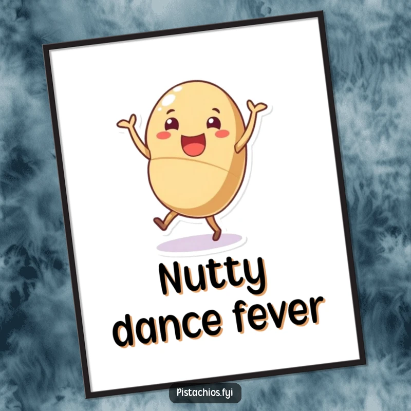 Funny nutty dance digital art print, cheerful shelled nut character dancing joyfully, energetic and humorous wall decor.
