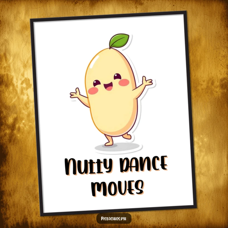 Funny Digital Art Print: Cheerful cashew character caught in a hilarious silly dance, perfect for adding nutty humor and vibrant energy to any space.