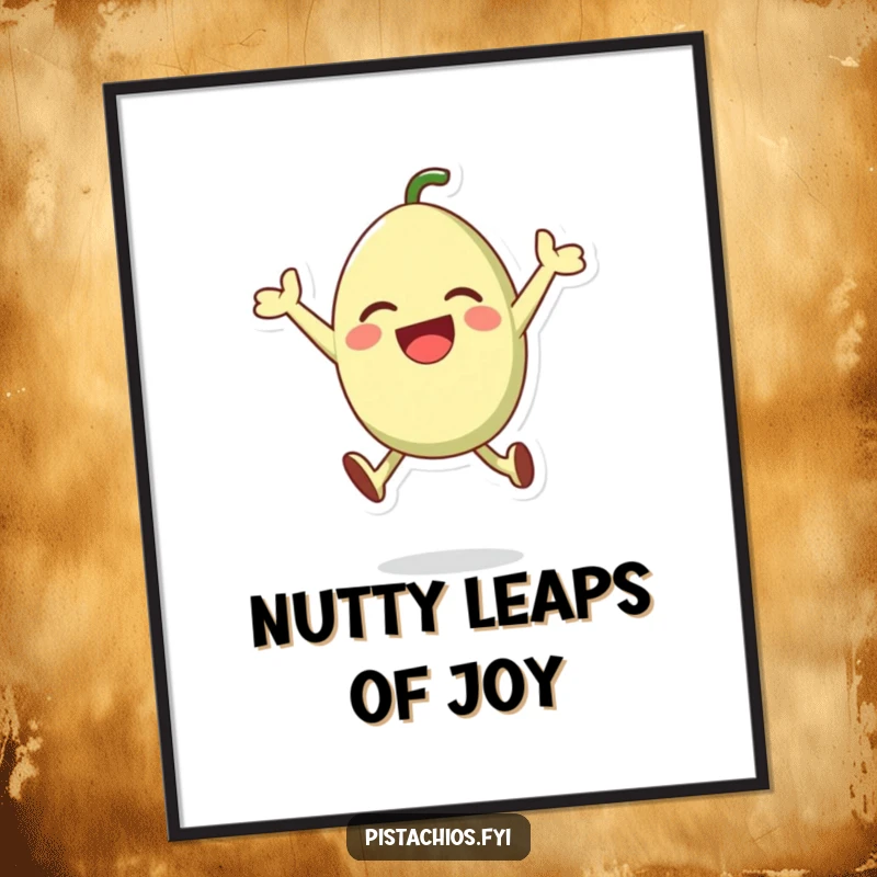 Funny digital art print of a happy pistachio character leaping with joy, perfect for instant wall decor.
