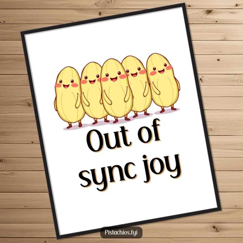 Funny conga line of smiling pistachios, one out of sync, as a digital art print.