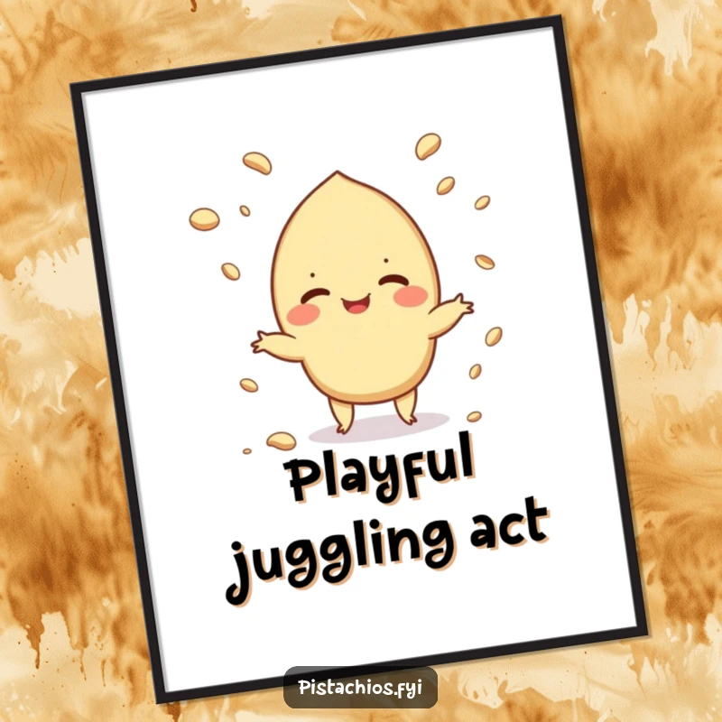 Funny digital art print of a pistachio giggling while juggling crumbs, perfect for printable wall decor with a humorous twist.
