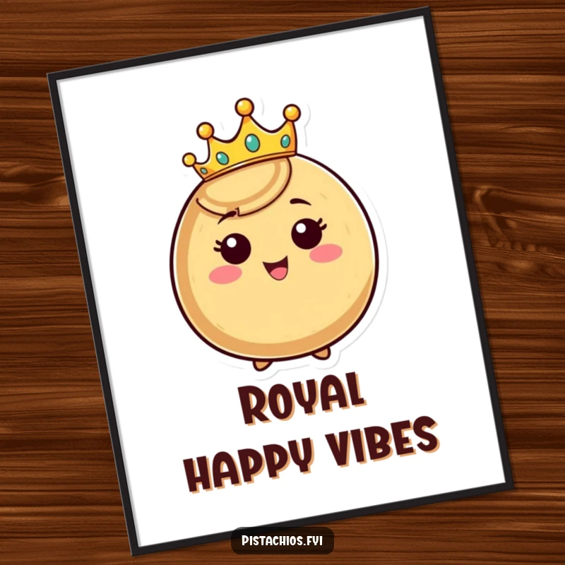 Funny crowned nut digital art print, happy nut character wearing a tiny crown and beaming, majestic and humorous wall decor.
