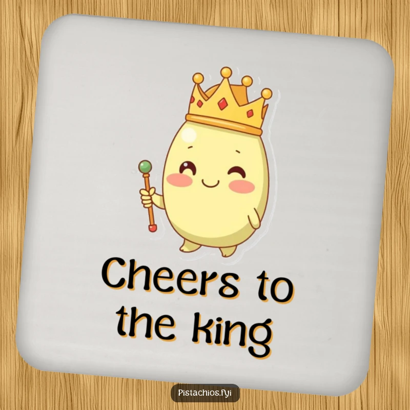 Funny pistachio character in a crown and scepter, protecting surfaces with a cute and humorous drink coaster.