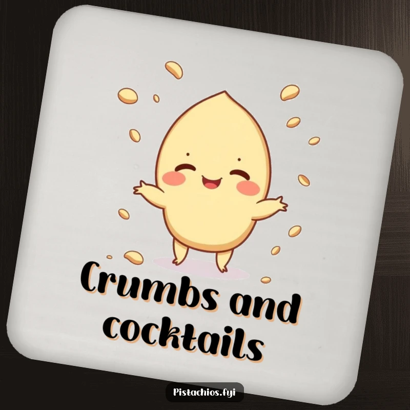 Funny drink coaster featuring a pistachio juggling crumbs, perfect for tabletops with a humorous, messy theme.