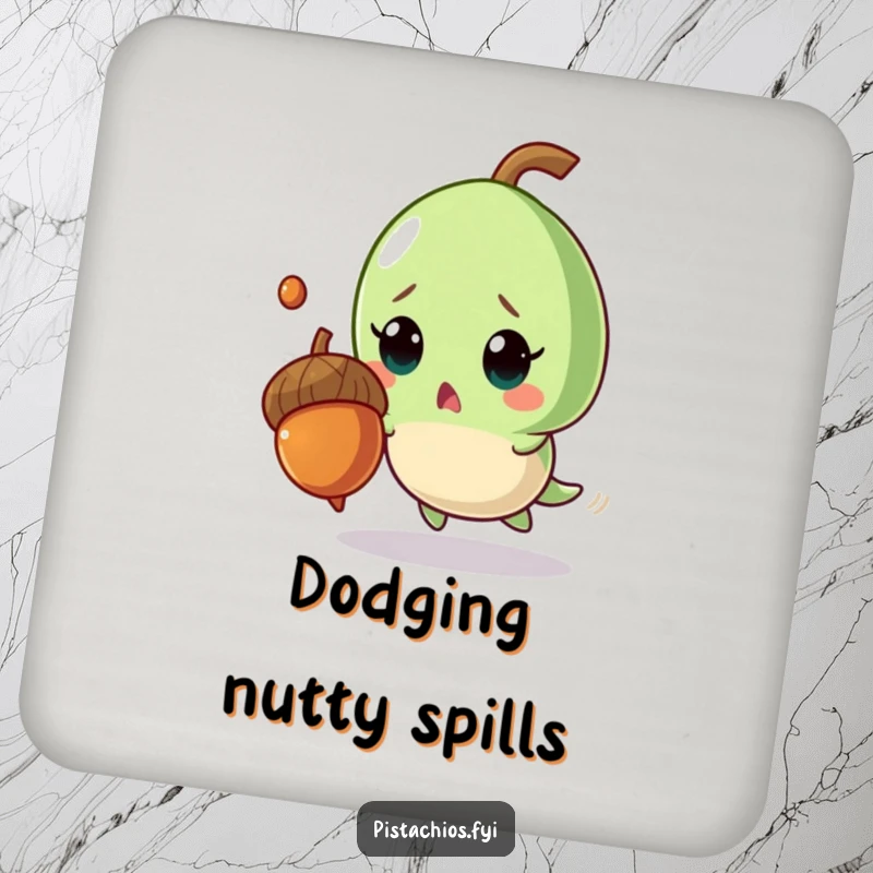 Funny coaster art of a surprised pistachio character comically dodging a falling acorn, adding a humorous touch to drink service.